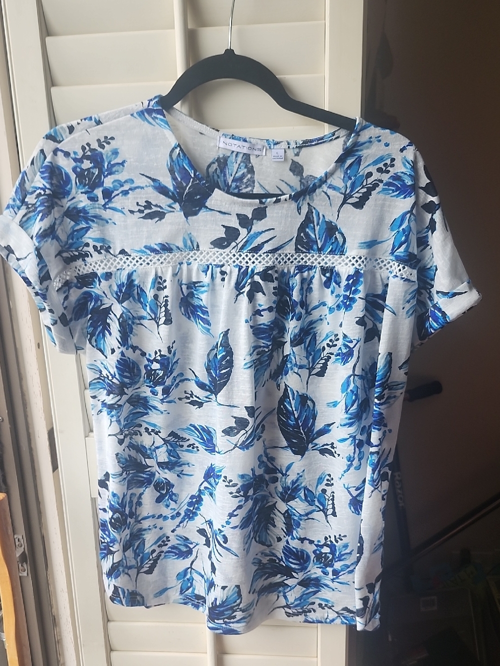 Notations White Top with Blue Floral Print and Lace Trim